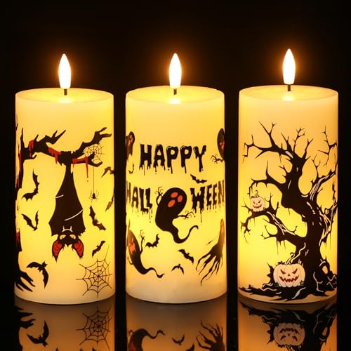 Yellow-Timer Flameless Halloween Ghost Bat Candles with 6H Timer Indoor Decor