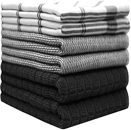 Black Check Kitchen Towels 6 Pack 100% Cotton Dish Towels - Mixed Styles