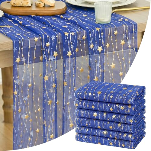 28 x 120 Inch Dark Blue Gauze Table Runner Set of 6 - Glitter Metallic Holiday & Wedding Decor