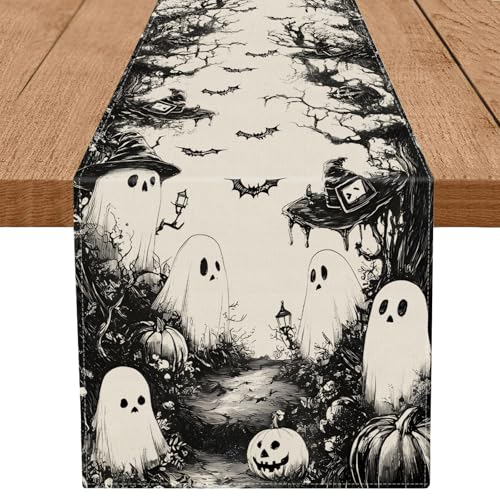 Halloween Table Runner Black Ghost Burlap 13 x 36 Inch Indoor Outdoor Decor