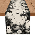 Halloween Table Runner Black Ghost Burlap 13 x 36 Inch Indoor Outdoor Decor