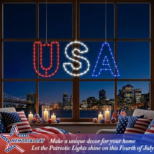4th of July USA Letter Window Light - Red White Blue LED Hanging Lamps with Suction 3pcs - E - Patriot Decor