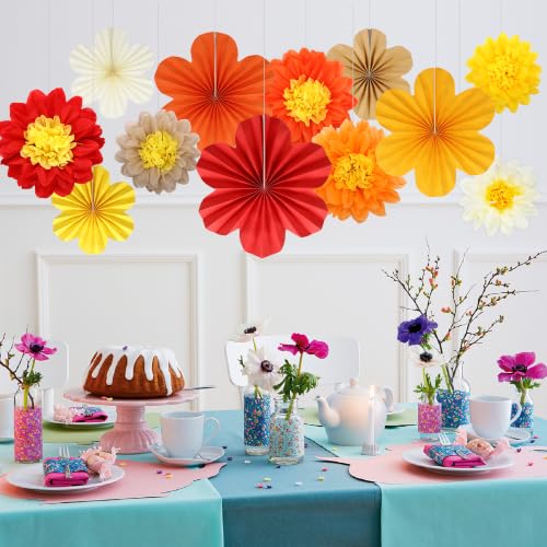 Dark Orange Red Paper Flower Fans & Pompoms Set for Fall Party Decorations - 12PCS