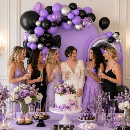 Black Purple Balloons Arch Kit - Metallic Silver Confetti Balloon Party Decorations - Variation: Purple Black