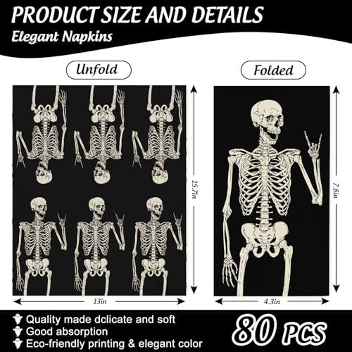 Halloween Skeleton Black Napkins 80pcs Disposable Paper Guest Table Decor