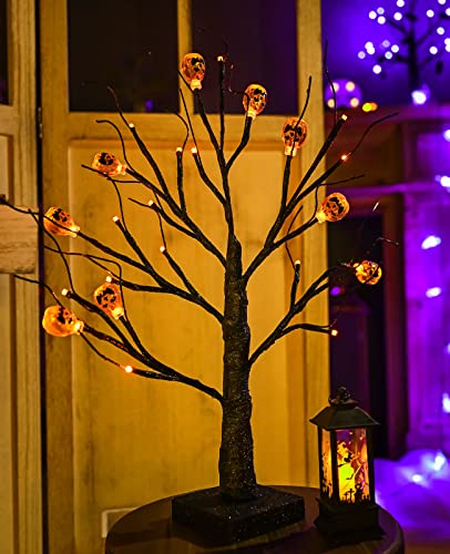 Orange Halloween Tree with 24LED Lights & Pumpkin Ornaments - 18IN Indoor Tabletop Decor