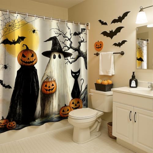 Halloween Fall Shower Curtain Set with Hooks - Rustic Witches Ghosts Pumpkins Black Cat Fabric Bathroom Decor 72x72