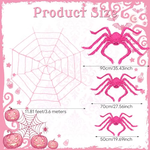 Pink Halloween Outdoor Decor Set with 3 Plush Spiders and 12ft Web