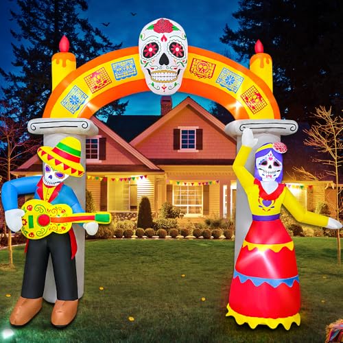 9Ft Skeleton Arch Inflatable Halloween Decoration with Skull & LED Lights - Day of The Dead Yard Decor