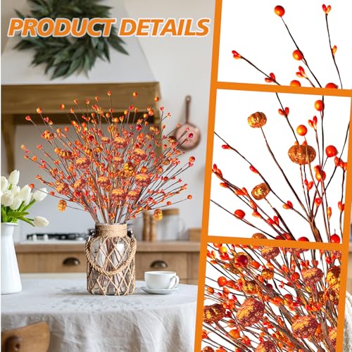 Artificial Fall Berry Stems with Orange Pumpkins & Glitter Picks - 6 Pieces