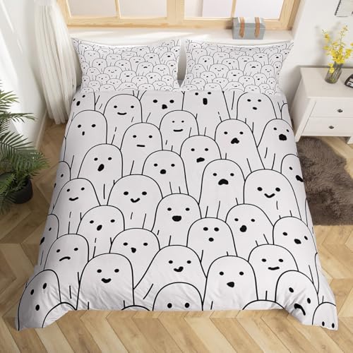 Ghost Bedding Set Full Size - Gray Ghost Comforter Cover with Pillowcases, Halloween Theme, Breathable Microfiber