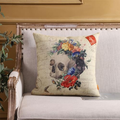 Red Flower Skull Decorative Pillow Cover 18x18 Inch Halloween Couch Throw Pillow