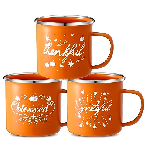 Enamel Pumpkin Coffee Mugs Set - 16 oz Fall Autumn Thanksgiving Holiday