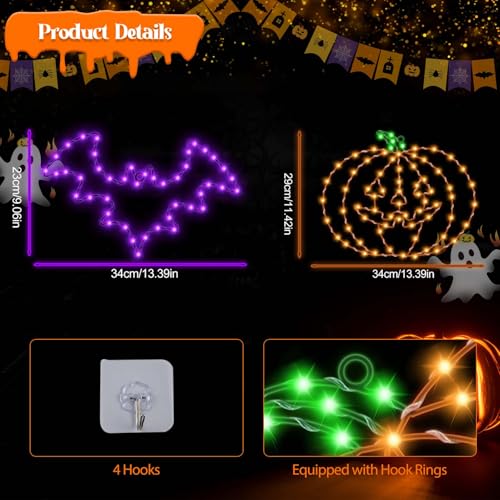 Halloween Bat & Pumpkin Window Lights - 8 Modes Battery & USB Operated Waterproof Decor