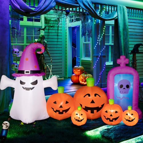 8ft Inflatable Halloween Pumpkin Ghost and Tombstone Outdoor Decor with LEDs