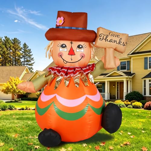 4FT Thanksgiving Inflatable Scarecrow Outdoor Decor with LED Lights