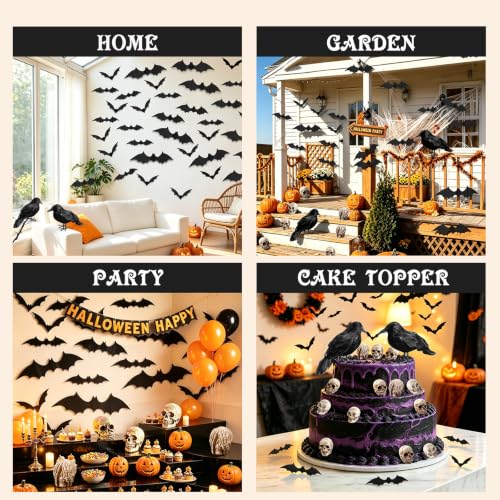 Halloween Decorations Set with Black Crows, Mini Skulls & Bats - 162 Pieces