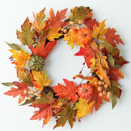 Fall Wreath for Front Door - 19 Inch Yellow Autumn Pumpkin Maple Leaves