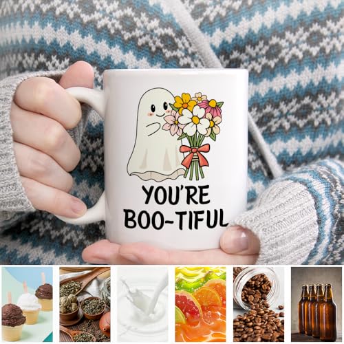 Funny Boo-tiful Ghost Halloween Ceramic Coffee Mug for Women - Beige & Multi