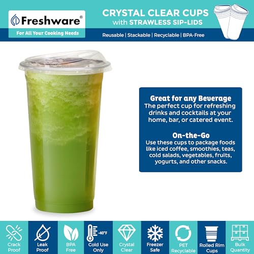 24 oz Clear Disposable Plastic Cups with Strawless Sip Lids - 100 Pack