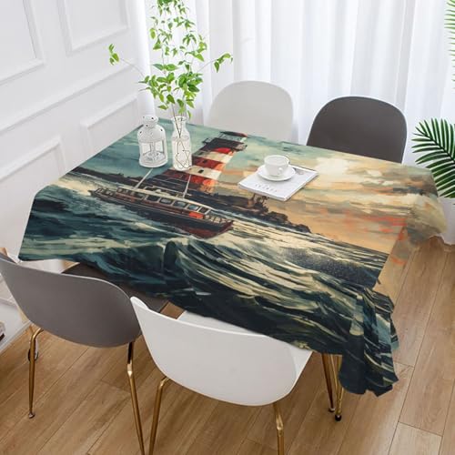 Nautical Lighthouse and Boat Tablecloth - Rectangular 90x60 Inches