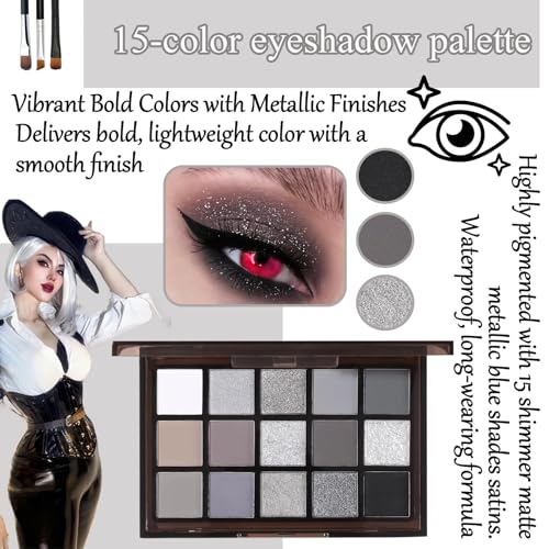 Black Smoky Eyeshadow Palette - 15 Matte Shimmer Colors with Brushes