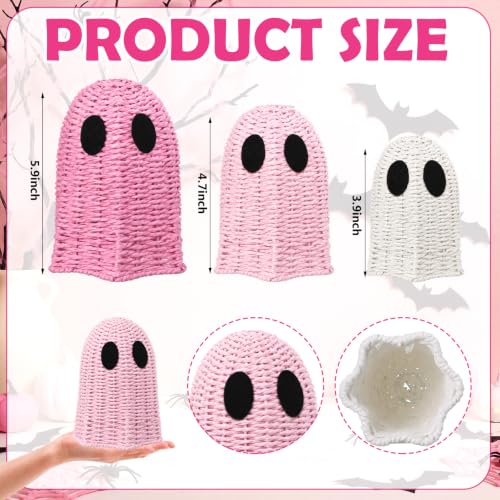 Pink Wicker Ghost Halloween Decor Set - Rustic Rattan Figurines, 3 Pieces