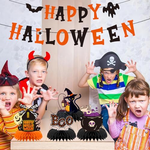 Halloween Decorations Honeycomb Centerpieces & Banner Set - 7PCS Spooky Party Supplies