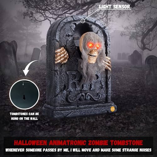 ELAMAS Halloween Animatronic Zombie Tombstone - 1 Pack, Sensor-Activated Skeleton Decor with Creepy Sound, Light Up Eyes, Outdoor Indoor Spooky Prop