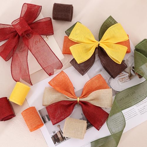 Fall Burlap Wired Ribbon Set - 6 Rolls, 2.5 Inch Wide, Autumn Colors, Gift & Wreath Decor