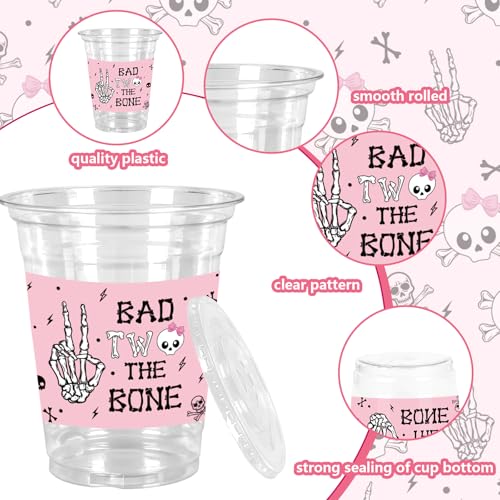 Halloween Plastic Cups with Lids & Straws 12oz - Bad Two The Bone Pink Black Skull Set