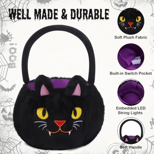 Black Halloween Light Up Trick or Treat Basket - LED Glowing Plush Cat Candy Bucket