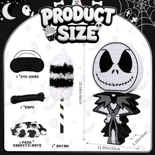 Halloween Skeleton Piñata Set - Spooky Black & White Character with Hitting Stick & Confetti - Goth Party Game Kit