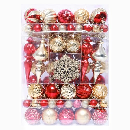 Red Gold Christmas Tree Ornaments Set - 116 Pieces, Assorted Shapes & Finishes