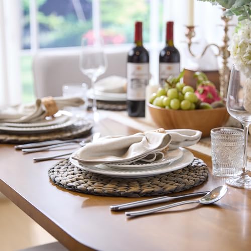 Black Woven Wicker Placemats Set of 6 - 13.8 Inch Round Water Hyacinth Table Mats