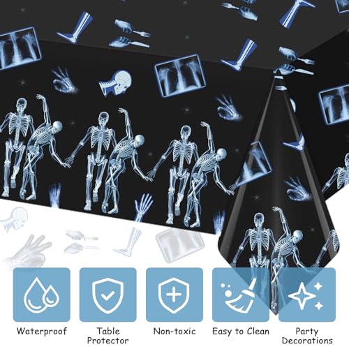 3 Pack Disposable Tablecloths - Radiology X-Ray Skeleton Design, 54 x 108 Inches, Waterproof & Stain Resistant