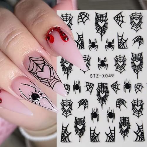 Halloween Spider Web Nail Stickers - Black Stars Moon Flame Design, 8 Sheets, DIY Manicure Decorations - Black Variant