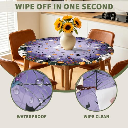 Halloween Round Fitted Tablecloth with Elastic - Purple, 40-44 Inch, Reusable