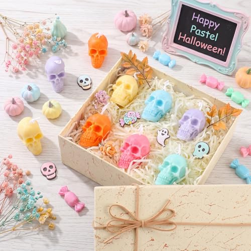 Pastel Skull Candles Set - Gothic Halloween Decor, Unscented Wax, 12 Pieces