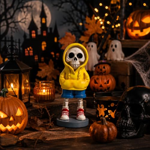 Yellow Hoodie Skeleton Figurine Decor - 5.1 Inch Gothic Halloween Shelf Statue