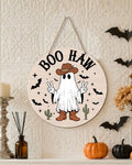 Halloween Front Door Wooden Sign with Ghost, Pumpkin & Bats - 12x12 Inches