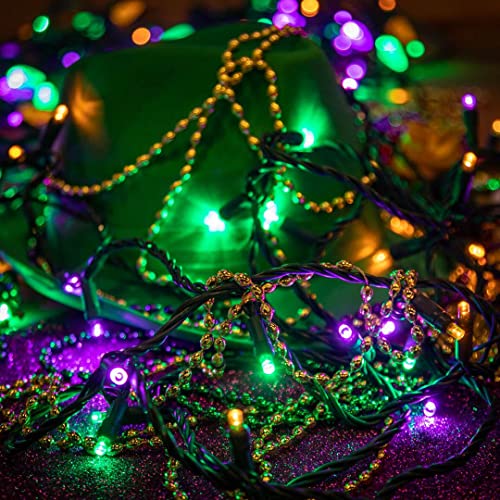 LED Mardi Gras String Lights 50ft - Yellow, Purple & Green - Waterproof Indoor Outdoor Decor