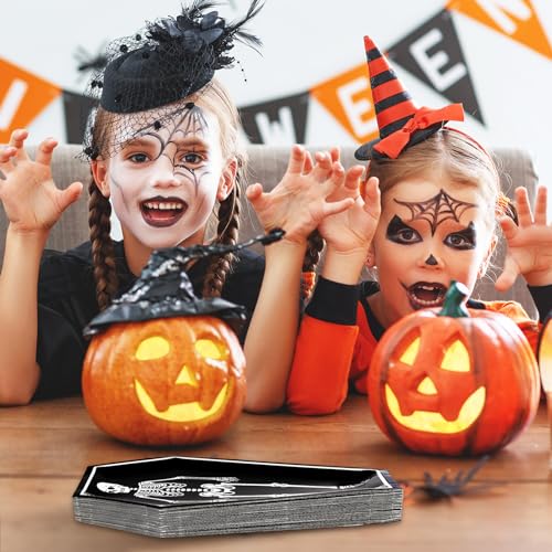 Skeleton Coffin Halloween Paper Plates 40 Pack - Black & White 10 Inch Disposable Tableware - Skeleton Coffin Variation