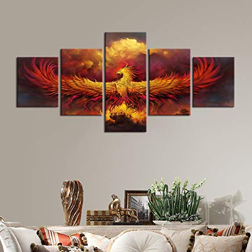 Fire Phoenix Wall Art Canvas - 50x24 Inch Stretched Ready to Hang - Heraldic Style Wall Decor - Variation of Artwork-01