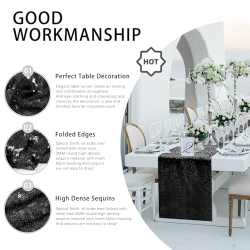 Black Sequin Table Runner 12 x 72 Inches - 10 Pack, Party & Event Decor