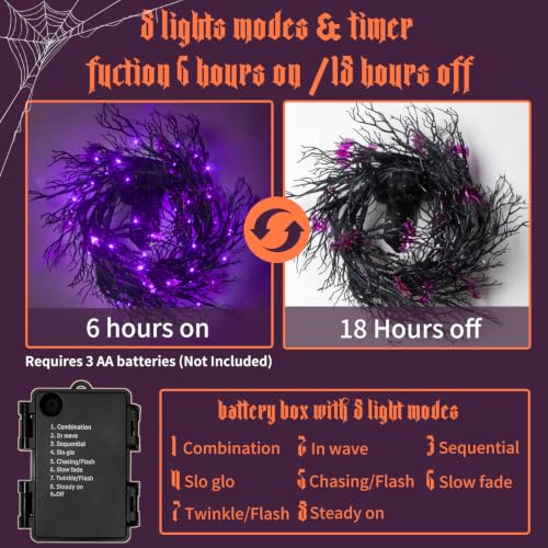 Purple Bat Halloween Vine Lights - 9 Ft, 8 Modes, Timer, Waterproof Indoor Outdoor Decor
