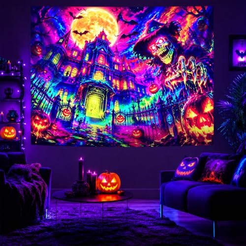 Halloween Skeleton Manor Blacklight Tapestry - 90x70 Inches Glow-in-The-Dark Wall Hanging