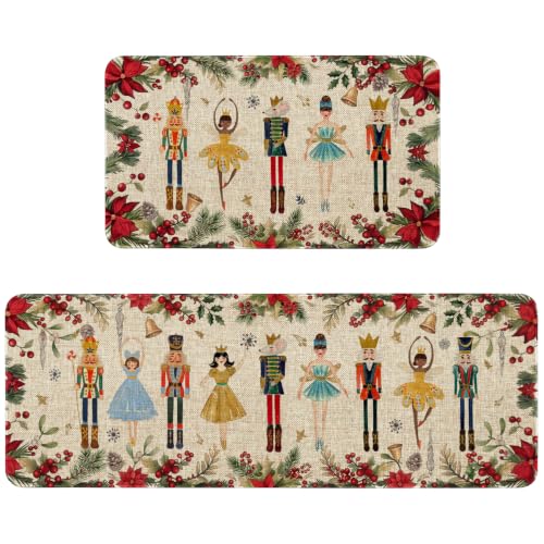 Christmas Kitchen Rugs Set with Nutcracker Red Pattern - Non-Slip Holiday Door Mat and Runner