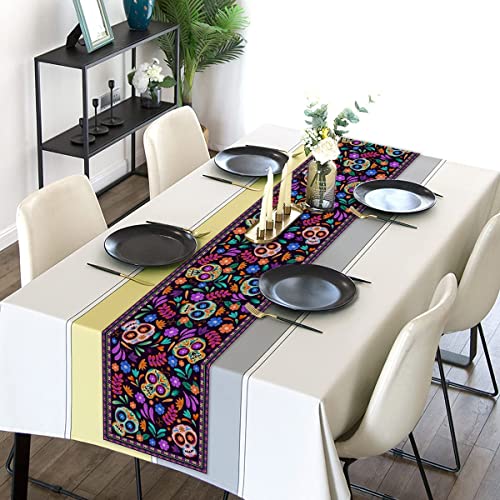 Dia De Los Muertos Table Runner 13 x 108 Inches Linen Mexican Sugar Skull Decor