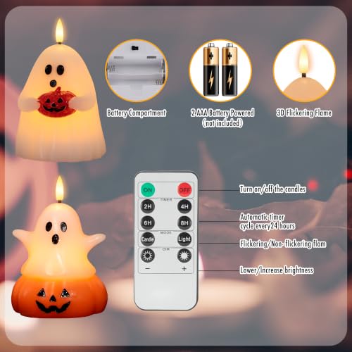Halloween Ghost Pumpkin Flameless Candle Set - Cute Ghost Decor with Remote - 2 Pack